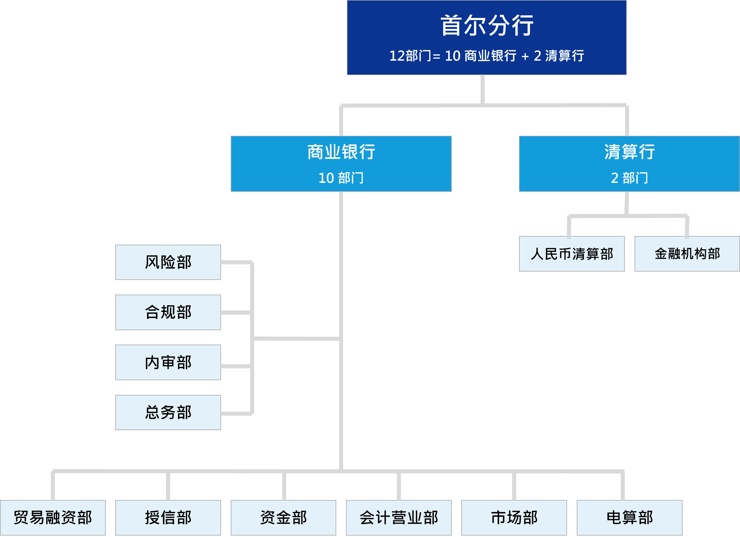 交通银行分为清算行和商业银行。商业银行由两名副代表和12个部门构成。12个部门分别为市场营业部1，市场营业部2，市场营业部3，法律监管部，内部监管部，总务部，贸易金融部，信贷管理部，资金部，会计营业部，电算部，风险管理部构成。清算行由金融机构部，产品开发部，资本市场部，人民币清算结算部4个部门构成。